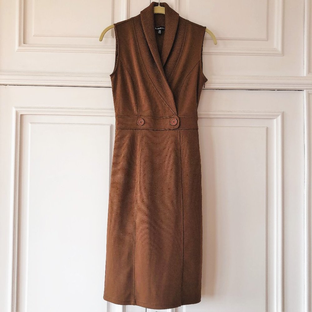 Rich Brown Shawl-Collar Blazer-Like Sleeveless Sweater Dress - Size XXS